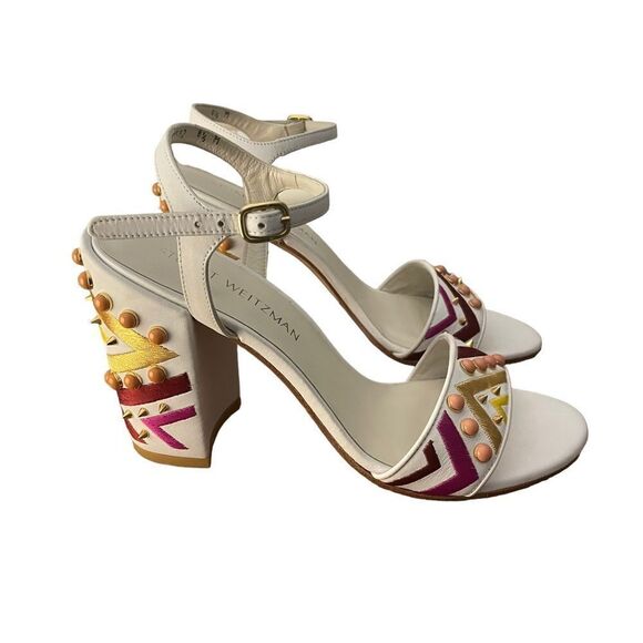 Stuart Weitzman White Studded Embroidered City Sandals Size 8.5 - Picture 2 of 8